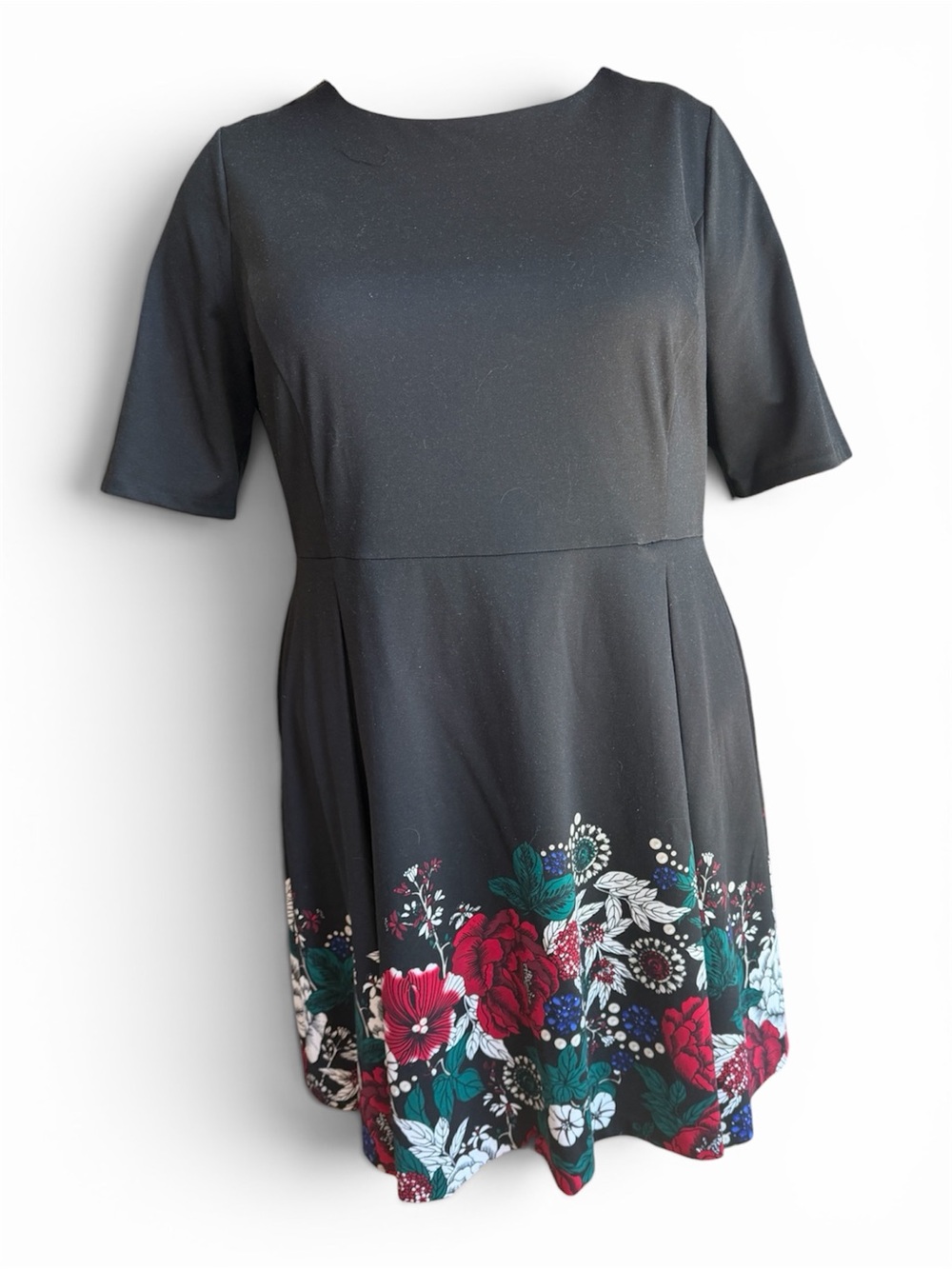 Charter Club Black Midi Dress with Red & Teal Floral Hem